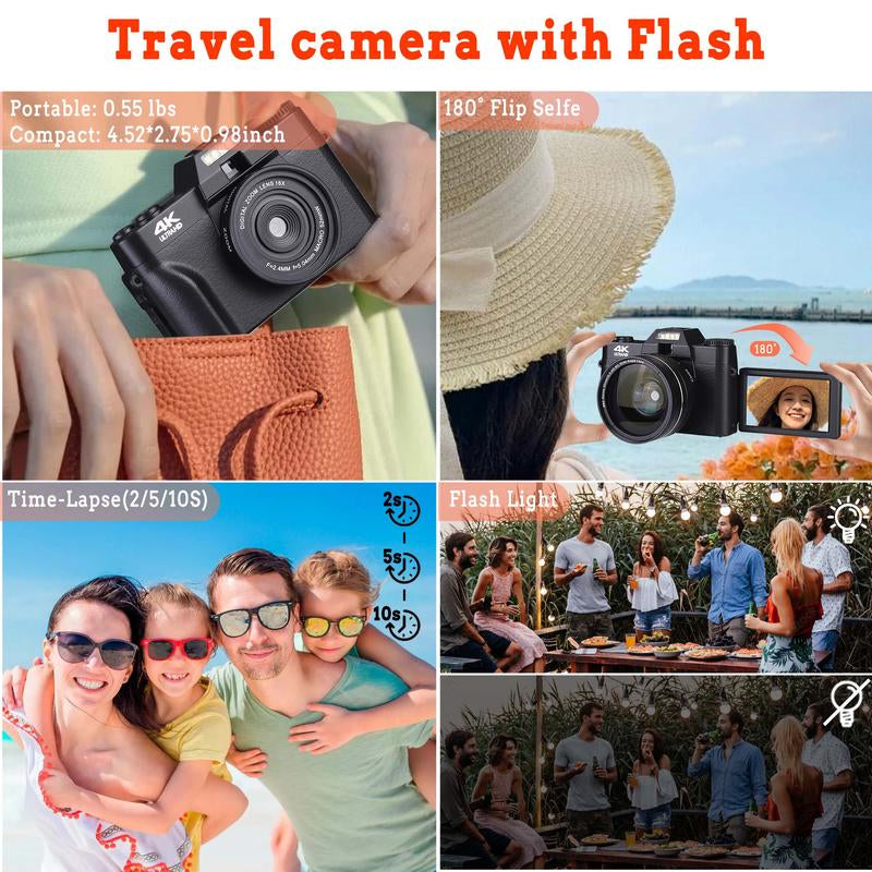 4K 56MP Vlogging Camera with 180° Flip Screen, Compact Camera with 16X Digital Zoom, 32GB TF Card, 1 Battery (Black)