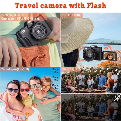 4K 56MP Vlogging Camera with 180° Flip Screen, Compact Camera with 16X Digital Zoom, 32GB TF Card, 1 Battery (Black)
