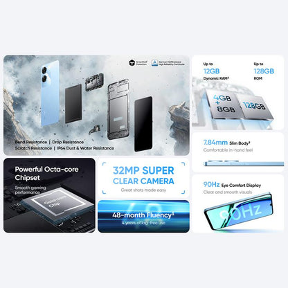 6GB+128GB Smartphone Realme Note 60, Brand New and Original Smartphone, T612, 8-Core CPU, 1.8Ghz Clock Speed, 4G Network, 6.745-Inch Punch-Hole Display, 1600×720 Resolution, 32MP + 5MP AI Camera, 5000Mah Battery, 10W Fast Charging.