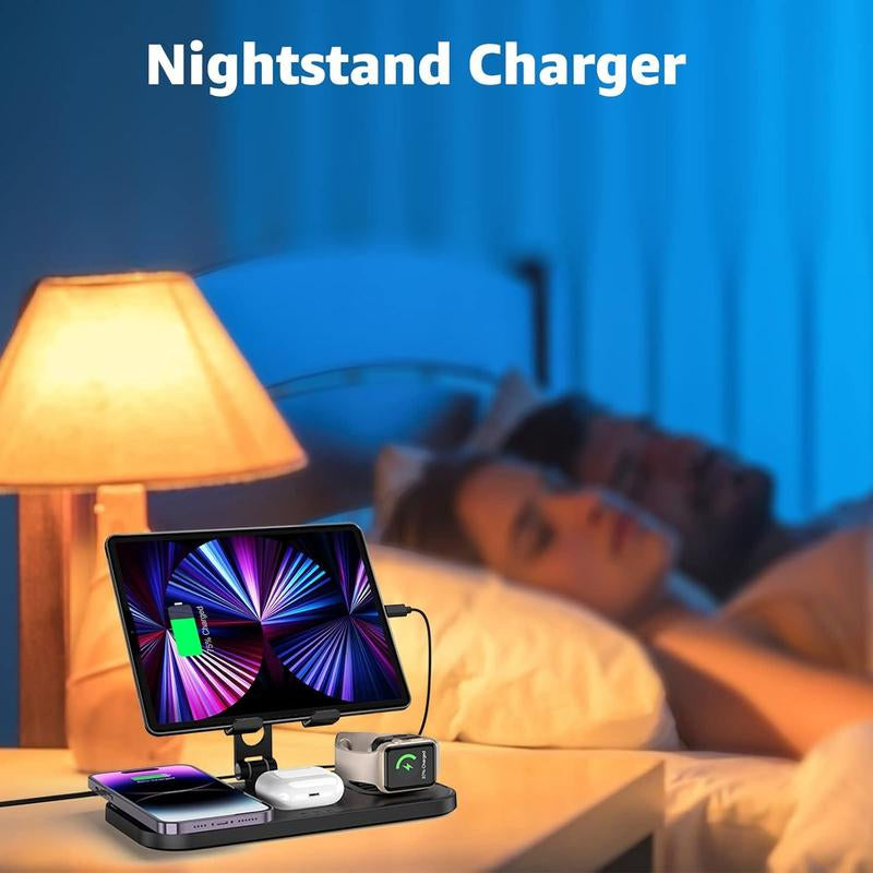 4-In-1 Wireless Charging Station with Wired Ipad Charger | Foldable Multi-Device Charging Stand for Apple - Iphone 16/15/14 Pro Max/13/12/11, Apple Watch Series 8/7/6/5/4/3/2/SE, Airpods 3/2/Pro | Overcharge Protection & Space-Saving Design