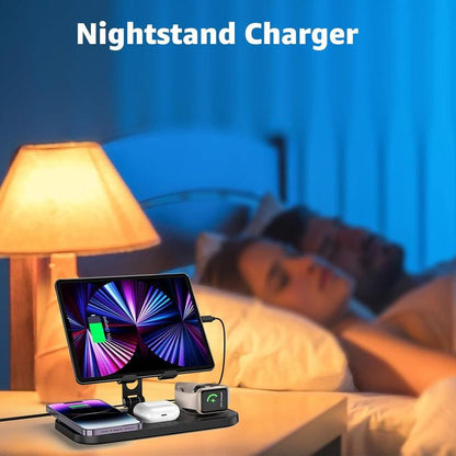 4-In-1 Wireless Charging Station with Wired Ipad Charger | Foldable Multi-Device Charging Stand for Apple - Iphone 16/15/14 Pro Max/13/12/11, Apple Watch Series 8/7/6/5/4/3/2/SE, Airpods 3/2/Pro | Overcharge Protection & Space-Saving Design
