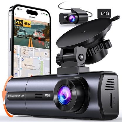 3 Channel 4K Dash Cam with 5Ghz Wifi & APP Control, 4K/2.5K+1080P+1080P Front inside and Rear, Triple Dashcam with 64GB Card, G-Sensor, 24 Hours Parking Mode, Loop Recording, Night Vision Monitor Camera,Car Gift for Dad