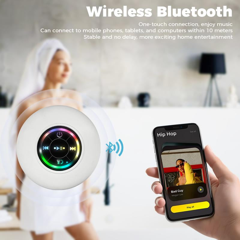 Waterproof Bluetooth Speaker with Suction Cup & LED Lights, 360° Bass Sound | Wireless Shower Speaker for Bath/Beach/Camping | Built-In Mic & Bluetooth 5.4 | Perfect Gift for Men/Women/Kids (Black)