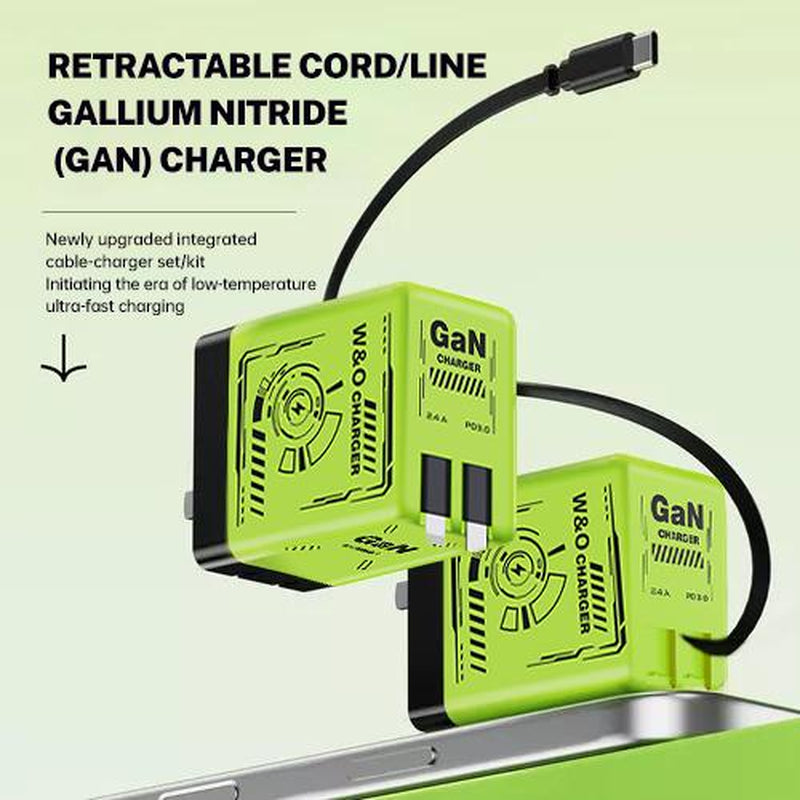 W&O 2-In-1 Gan 120W Fast Charger with Retractable Type-C and Ligtning Cable | Portable Adapter for Iphone 16, Ipad, Macbook, Multi-Device Fast Charging, Folding Charing