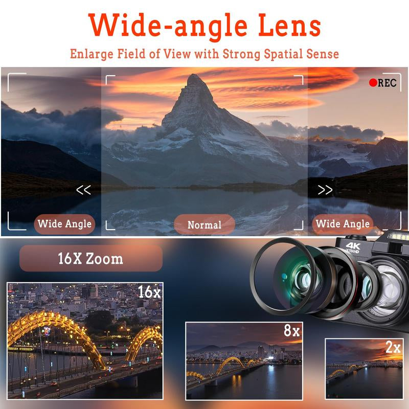 4K 56MP Vlogging Camera with 180° Flip Screen, Compact Camera with 16X Digital Zoom, 32GB TF Card, 1 Battery (Black)