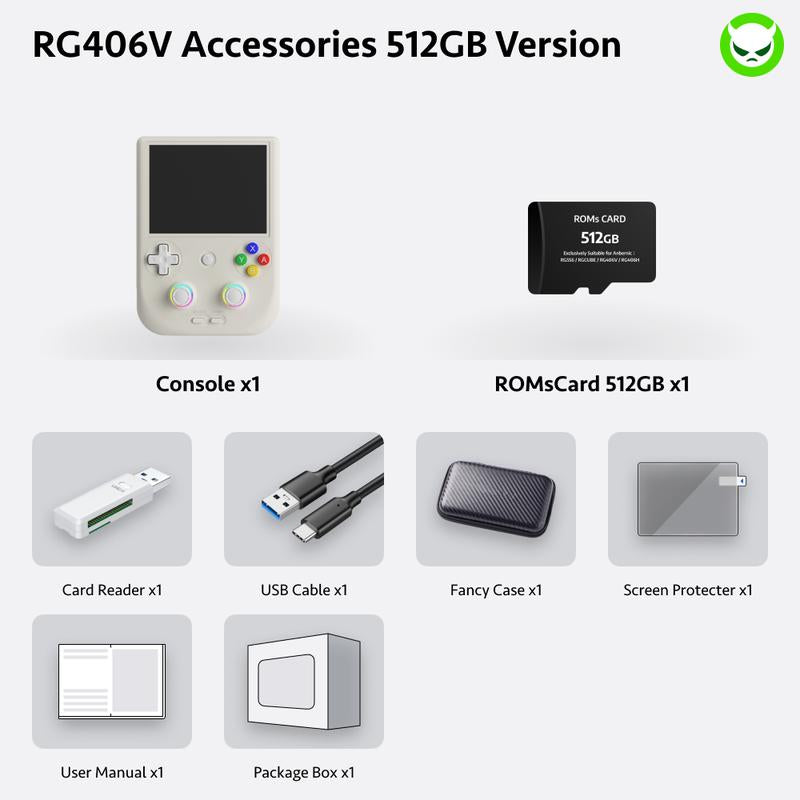 Anbernic RG406V Handheld Game Console【Buy 1 Get 1 Card Reader+1 Fancy Case+1 Screen Protector+1 Type-C Cable】Android 13 4-Inch IPS Touch Screen 960*720 Unisoc T820 Processor Bluetooth 3D Hall Joystick Ready to Play Gift Package