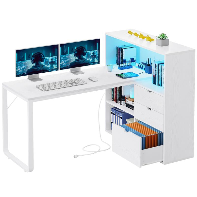 YITAHOME L Shaped Desk with Power Outlets & LED Lights & File Cabinet, 55" Corner Computer Desk with 3 Drawers & 3 Storage Shelves, Home Office Desk with Bookshelf