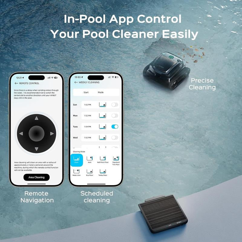 WYBOT S2 Solar Powered Robotic Pool Vacuum Cleaner for Inground Pools, Enhanced Scheduled Cleaning, Area Cleaning, Auto Return & Charge, 3D Adsorption System, Brushless Motor, Covers 3,229 Sq.Ft