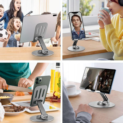 Adjustable Cell Phone Stand for Desk with Non-Slip Rubber, 360°Metal Phone Holder Smartphone Accessories Foldable/Folding Mount Alloy Aluminum Compact Portable Cellphone Mount, Saving Space