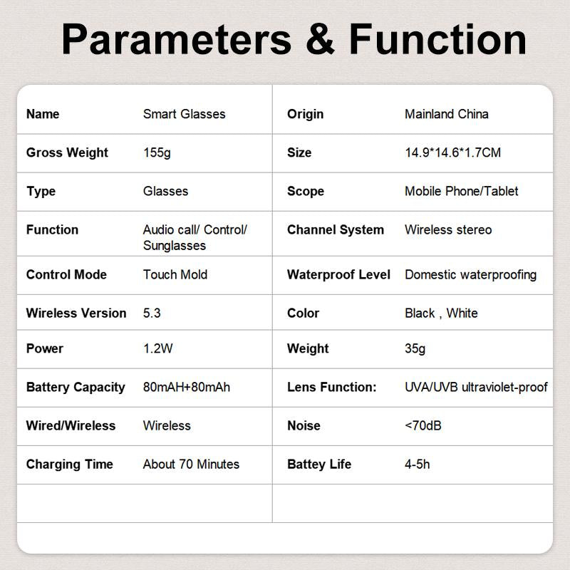 E13 Smart Glasses UV Protection Anti-Blue Light , Bluetooth Compatible for Men & Women , Multifunctional Wireless Glass