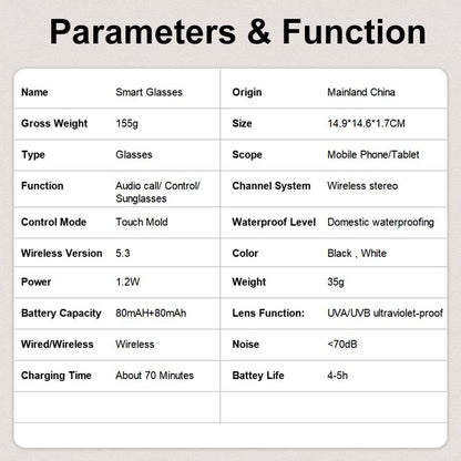 E13 Smart Glasses UV Protection Anti-Blue Light , Bluetooth Compatible for Men & Women , Multifunctional Wireless Glass