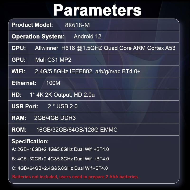 Android 12 TV Box, 4K Video 2.4G & 5.8G Dual Wifi Quad Core Cortex A53 BT Media Player, Suitable for Home & Office