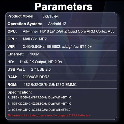 Android 12 TV Box, 4K Video 2.4G & 5.8G Dual Wifi Quad Core Cortex A53 BT Media Player, Suitable for Home & Office