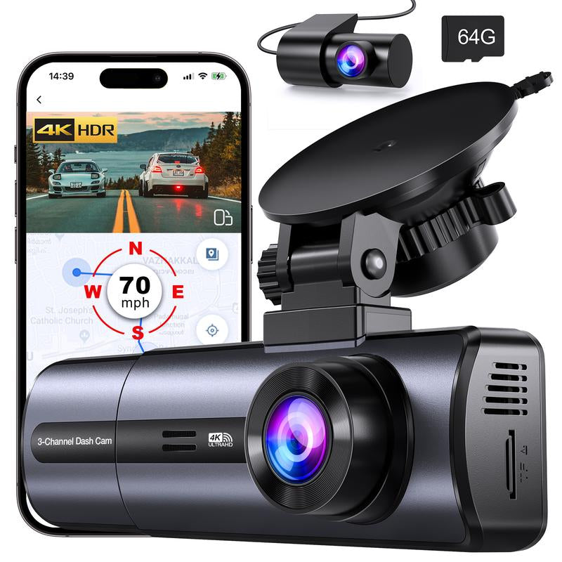 4K 3 Channel Wifi Dash Cam, 4K/2.5K+1080P+1080P Front inside and Rear, Triple Dash Camera with 64GB Card, APP Control, G-Sensor, Loop Recording, 24 Hours Parking Mode,Night Vision