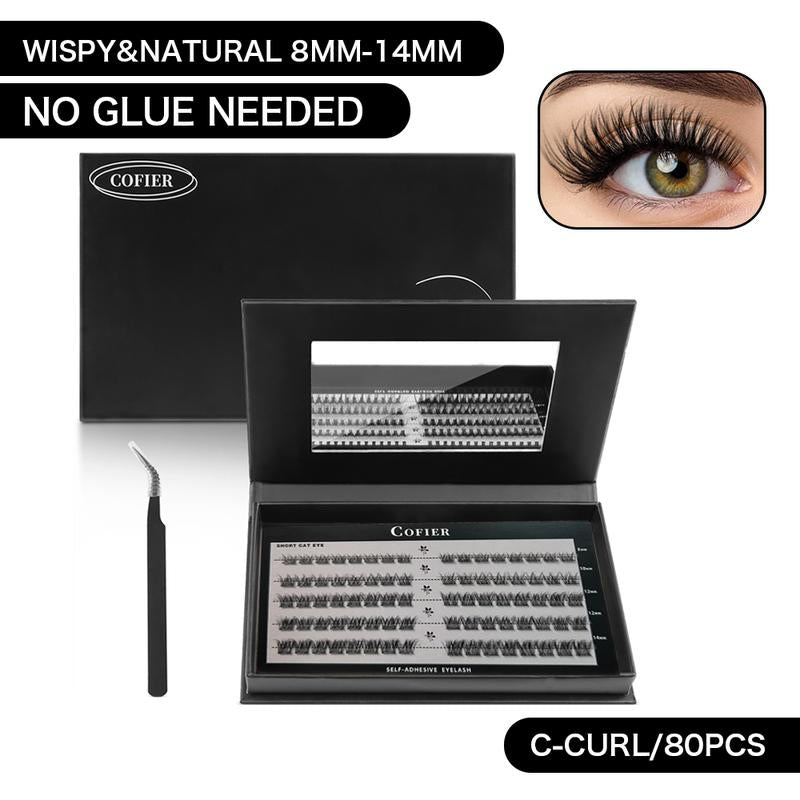 【Hot Style】Cofier No Glue Lash Kit Medical Jelly Adhesive Self Adhesive Individual Eyelashes, Easy Makeup Application with Tweezers (80/100/160 Pcs)
