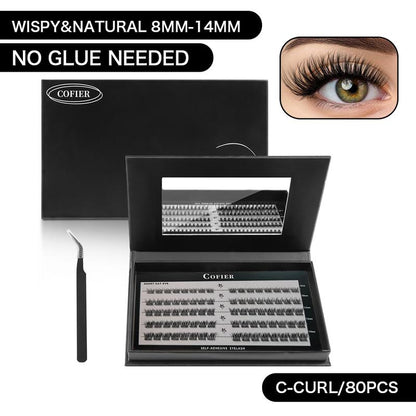 【Hot Style】Cofier No Glue Lash Kit Medical Jelly Adhesive Self Adhesive Individual Eyelashes, Easy Makeup Application with Tweezers (80/100/160 Pcs)