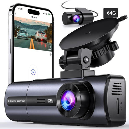 4K 3 Channel Wifi Dash Cam, 4K/2.5K+1080P+1080P Front inside and Rear, Triple Dash Camera with 64GB Card, APP Control, G-Sensor, Loop Recording, 24 Hours Parking Mode,Night Vision