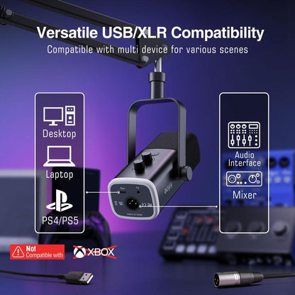 FIFINE AM8T XLR USB Gaming Microphone Set, Dynamic PC Mic for Streaming Podcasting, Computer RGB Mic Kit with Boom Arm Stand, Mute Button, Headphones Jack, for Recording Vocal Voice-Over