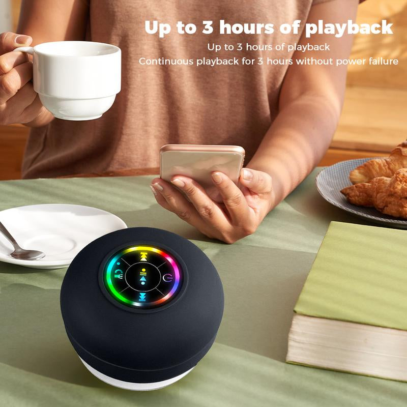 Waterproof Bluetooth Speaker with Suction Cup & LED Lights, 360° Bass Sound | Wireless Shower Speaker for Bath/Beach/Camping | Built-In Mic & Bluetooth 5.4 | Perfect Gift for Men/Women/Kids (Black)