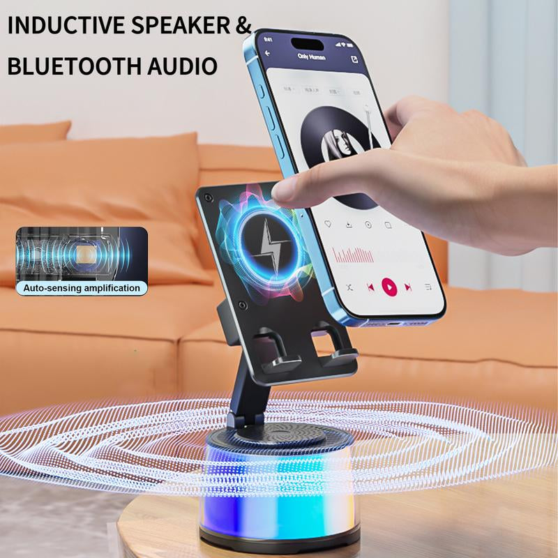 Wireless Induction Audio Bluetooth Speaker 5In1 Cellphone Holder USB Emergency Rechargeable (5000Mah) 360° Rotable Foldable Lift-Non-Slip Base, Portable Power Mobile Tablet Stand with Colorful Ambient Light Gifts for Friend, Family