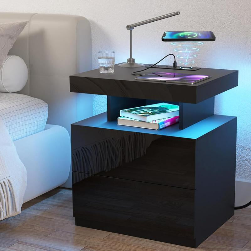 Black LED Nightstand with Charging Station 2 Outlets USB Port Type C, Bed Side Table with 2 Drawers & Wireless Charging Station, Smart LED Nightstand Modern High Gloss Night Table with Light