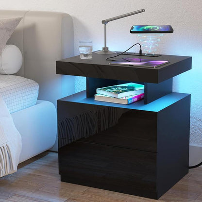 Black LED Nightstand with Charging Station 2 Outlets USB Port Type C, Bed Side Table with 2 Drawers & Wireless Charging Station, Smart LED Nightstand Modern High Gloss Night Table with Light