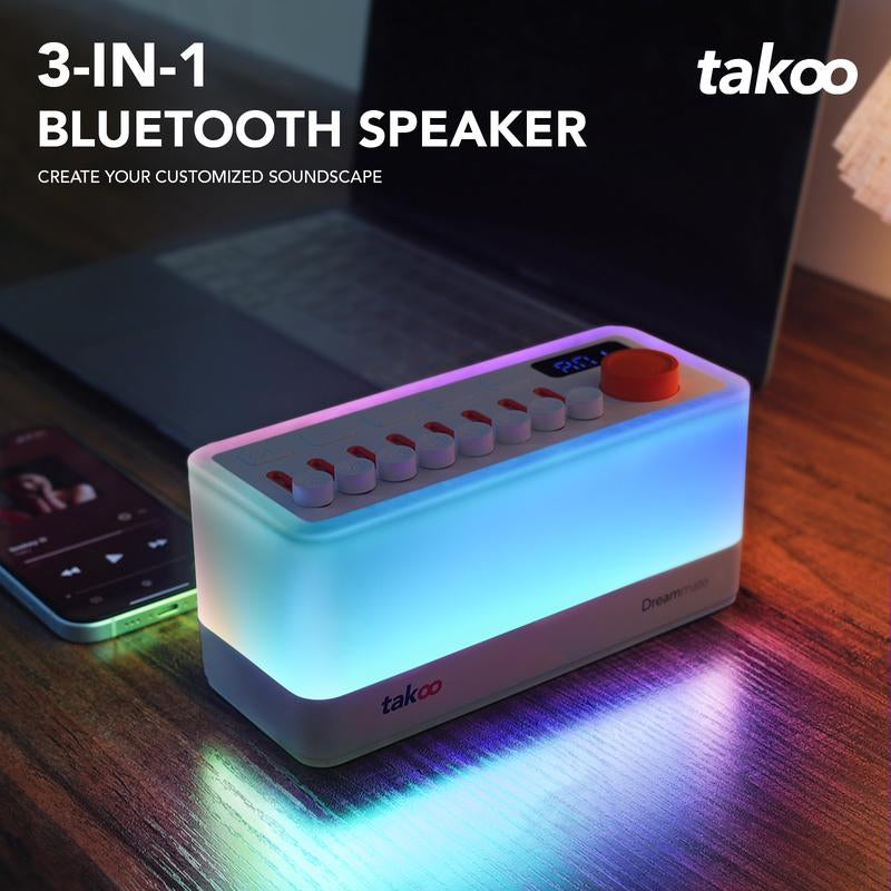 TAKOO 3-In-1 Portable Bluetooth Speaker/Sound Machine/Night Light, DIY Mixable 7 Nature Sounds & White Noise, 11 Ambient Lights, 180-Min Timer for Sleep Aid, Relaxing, Kids, Meditation