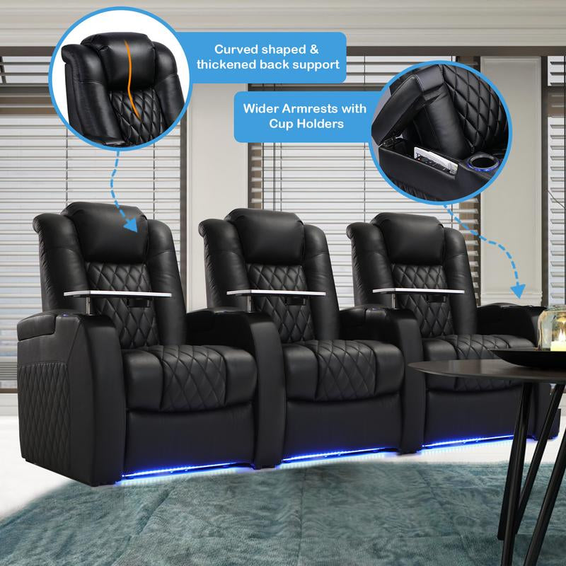 Weilianda Home Theater Seating Luxury Series Top Grain Nappa Leather Recliner Chair Dual Power Movie Gaming Sofa Electric Headrest with Tray Table Type-C USB Charge Cup Holders