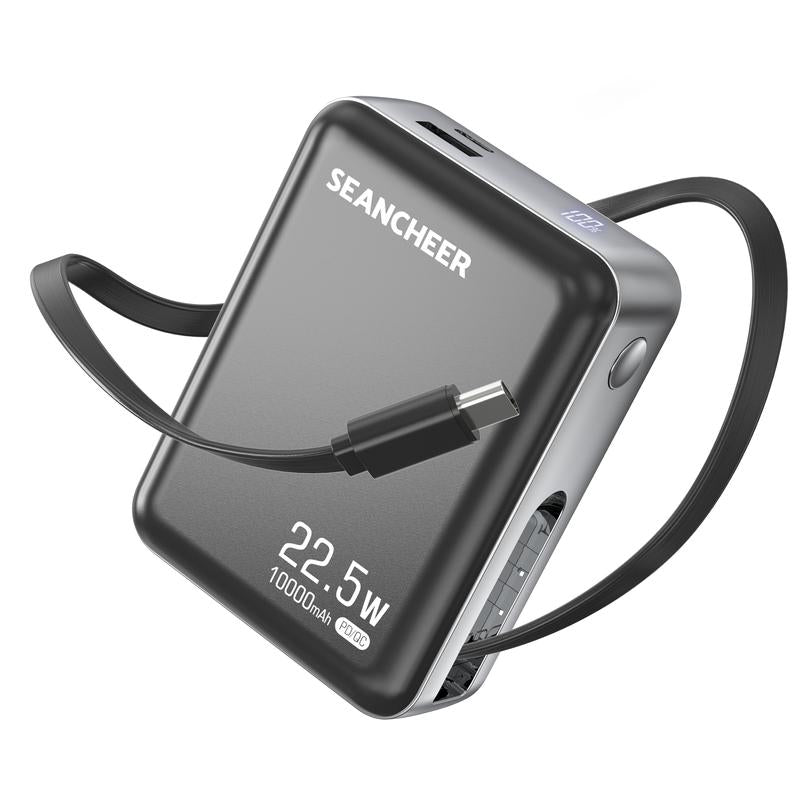 7L Small Portable Charger,10000Mah Power Bank with Built-In 22.5W Fast Charging Retractable USB-C Cable for Iphone 16/15 Series, Samsung, Android and More Travel