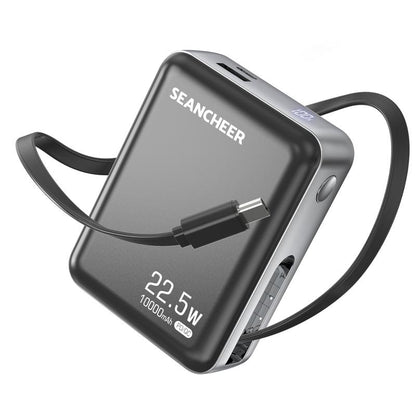 7L Small Portable Charger,10000Mah Power Bank with Built-In 22.5W Fast Charging Retractable USB-C Cable for Iphone 16/15 Series, Samsung, Android and More Travel