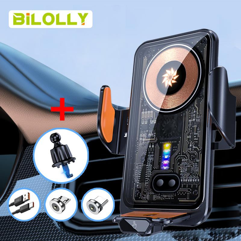 Bilolly Wireless Car Charger, 15W Fast Charging Auto-Clamping Car Charger Phone Holder Phone Holder Suitable for Iphone 16 15 14 13 12 Pro Max 11 XR XS, Samsung Galaxy S24 Ultra S23 S22 S21, S20, S10+, and Other Smartphones. Clip Plug