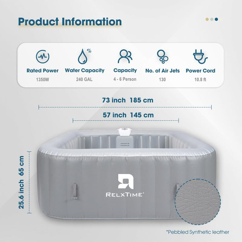 4 to 6 Person Inflatable Hot Tub,Inflatable Square Spa Portable Outdoor Hottub,130 Soothing Bubble Air Jets,Insulation Cover(Energy-Saving)