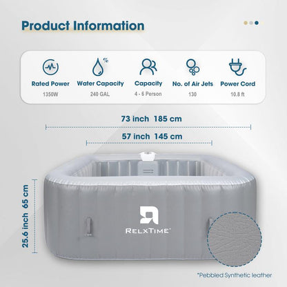 4 to 6 Person Inflatable Hot Tub,Inflatable Square Spa Portable Outdoor Hottub,130 Soothing Bubble Air Jets,Insulation Cover(Energy-Saving)