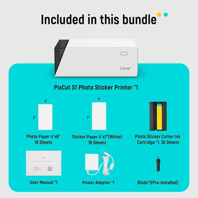 Liene Pixcut S1 Photo Sticker Printer & Cutting Machine - All-In-One Sticker Maker Machine for DIY Crafts, Custom Labels & Gifts, Thermal Dye-Sublimation, 300 DPI Prints, Precise AI Auto-Cutting, Bluetooth Wireless Printing