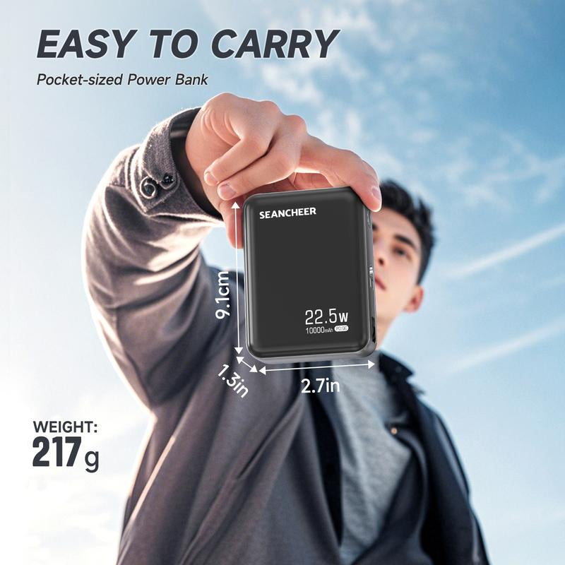 7L Small Portable Charger,10000Mah Power Bank with Built-In 22.5W Fast Charging Retractable USB-C Cable for Iphone 16/15 Series, Samsung, Android and More Travel
