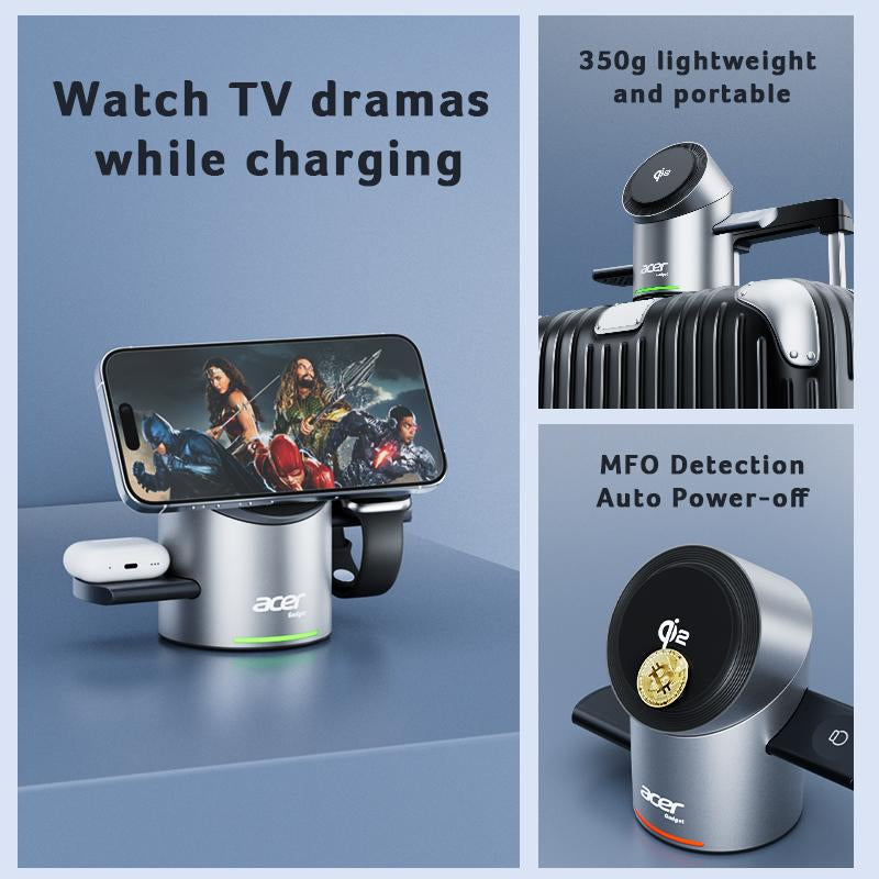 Acer 3 in 1 Charging Station for Apple, Qi2 15W Iphone Wireless Charging Station, Magsafe Charger Stand Iphone 16/15/14/13/12, Iwatch, Airpods ,Wireless Charger 33W Adapter, FCC Certified Futuristic Adjustable Electronic Magnetic Phone Charger from Future