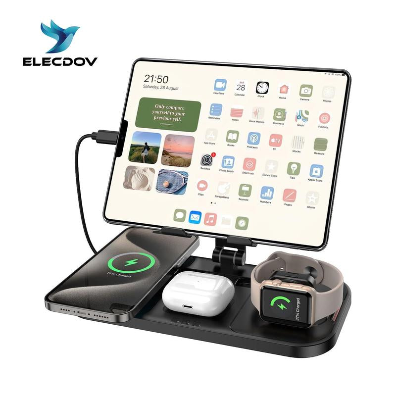 4-In-1 Wireless Charging Station with Wired Ipad Charger | Foldable Multi-Device Charging Stand for Apple - Iphone 16/15/14 Pro Max/13/12/11, Apple Watch Series 8/7/6/5/4/3/2/SE, Airpods 3/2/Pro | Overcharge Protection & Space-Saving Design