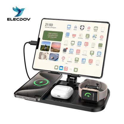 4-In-1 Wireless Charging Station with Wired Ipad Charger | Foldable Multi-Device Charging Stand for Apple - Iphone 16/15/14 Pro Max/13/12/11, Apple Watch Series 8/7/6/5/4/3/2/SE, Airpods 3/2/Pro | Overcharge Protection & Space-Saving Design
