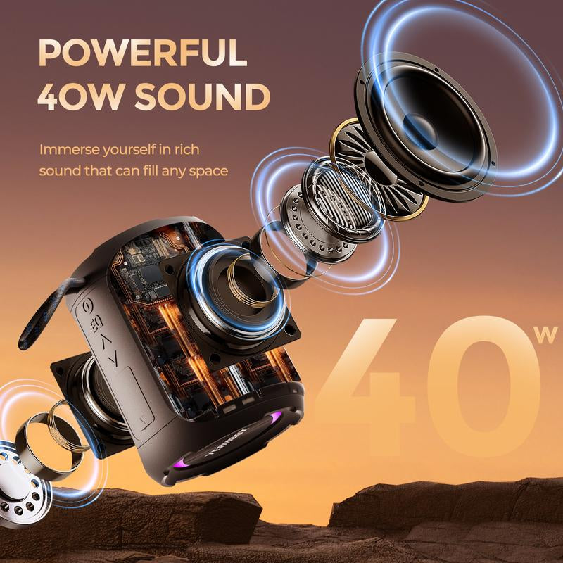 YEAHBOX 40W Portable Wireless Speaker Powerful Sound Stereo, IPX7 Waterproof Shower Speakers with Colorful LED Light, 4-In 1 BT / Aux / Tf-Card / U Disk Input, Bluetooth Speaker for Outdoor, Party, Travel, Easy to Use, High Quality