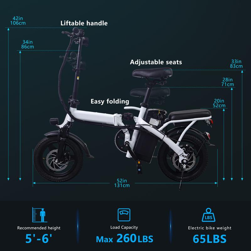 [Outdoorfun] 14Inch Folding Electric Bike 48V12Ah High Speed E Bike Air Tiresfront and Rear Disc Brake Design LED Range 32Miles Portable Electric Bicycle