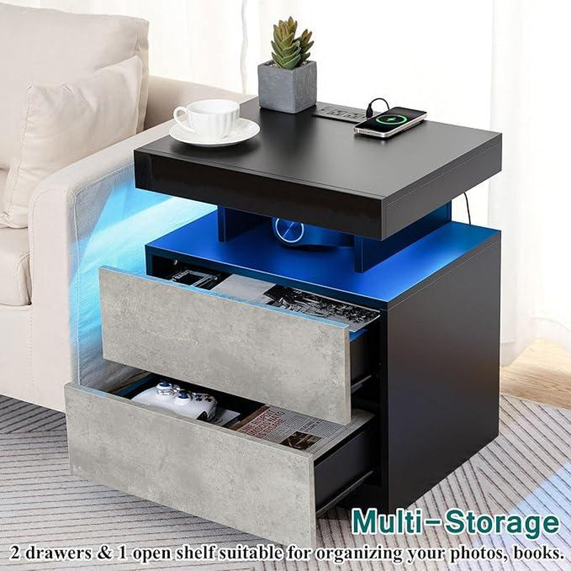 Black LED Nightstand with Charging Station 2 Outlets USB Port Type C, Bed Side Table with 2 Drawers & Wireless Charging Station, Smart LED Nightstand Modern High Gloss Night Table with Light