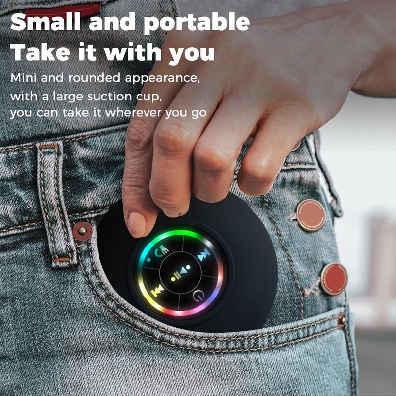 Waterproof Bluetooth Speaker with Suction Cup & LED Lights, 360° Bass Sound | Wireless Shower Speaker for Bath/Beach/Camping | Built-In Mic & Bluetooth 5.4 | Perfect Gift for Men/Women/Kids (Black)