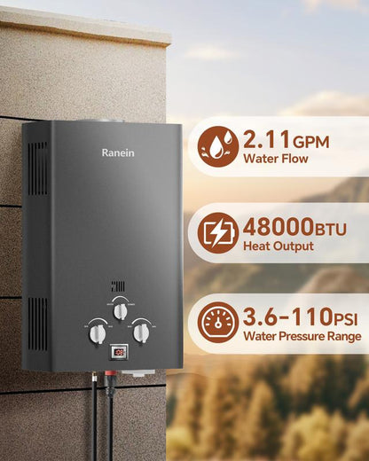 Ranein 8L Tankless Water Heater, Propane Gas, Outdoor up to 2.11 GPM, 48,000 BTU On-Demand Instant Hot Water Heater