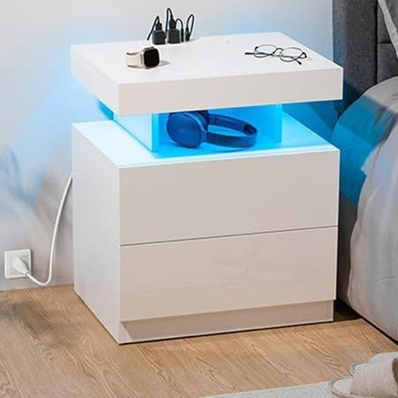 Black LED Nightstand with Charging Station 2 Outlets USB Port Type C, Bed Side Table with 2 Drawers & Wireless Charging Station, Smart LED Nightstand Modern High Gloss Night Table with Light