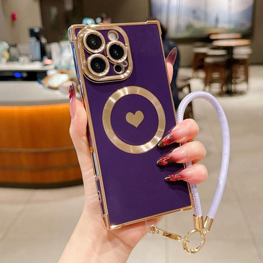 Right Angle Anti-Drop Magnetic Suction Solid Color Electroplated Side Heart + Hand Strap Compatible with Ip16 Pro Max 15 14 13 12 Phones Cases Protector Cover Protective