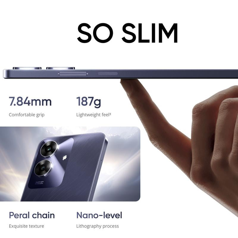 6GB+128GB Smartphone Realme Note 60, Brand New and Original Smartphone, T612, 8-Core CPU, 1.8Ghz Clock Speed, 4G Network, 6.745-Inch Punch-Hole Display, 1600×720 Resolution, 32MP + 5MP AI Camera, 5000Mah Battery, 10W Fast Charging.