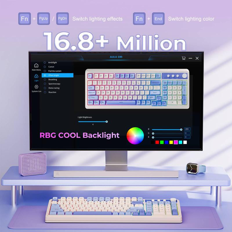AULA S99 Key Keyboard, Tri-Mode Bluetooth/2.4Ghz/Usb-C Cute Creamy Gaming Keyboard with Number Pad RGB Backlit, Media Knob Custom Mechanical Feel Computer Keyboard for MAC Xbox PC Gamer - Purple