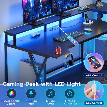 Sedeta Gaming Table 70.8 In. with LED Lights and Storage Shelf Computer Table with Monitor Stand, Power Outlet and Cup Holder Ergonomic Table