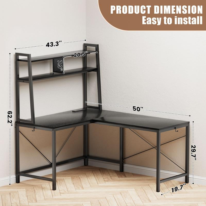 Flycity L-Shaped Gaming Desk or One-Line Table with LED Lights & Power Outlets,And Storage Shelves - 93.3 Inch Computer Desk, for Gaming Room, Study, Living Room Modern Furniture Home Office