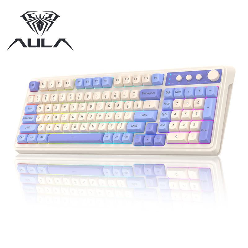 AULA S99 Key Keyboard, Tri-Mode Bluetooth/2.4Ghz/Usb-C Cute Creamy Gaming Keyboard with Number Pad RGB Backlit, Media Knob Custom Mechanical Feel Computer Keyboard for MAC Xbox PC Gamer - Purple